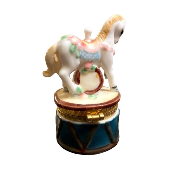 Genmore Porcelain Carousel Horse Pony Hinged Trinket Pill Box Carnival Toy Drum - Picture 3 of 6